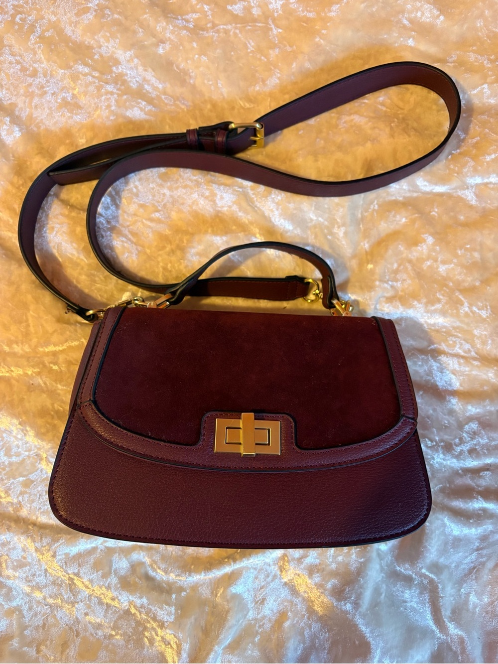 BCBG Burgundy Leather Crossbody Saddlebag Handbag